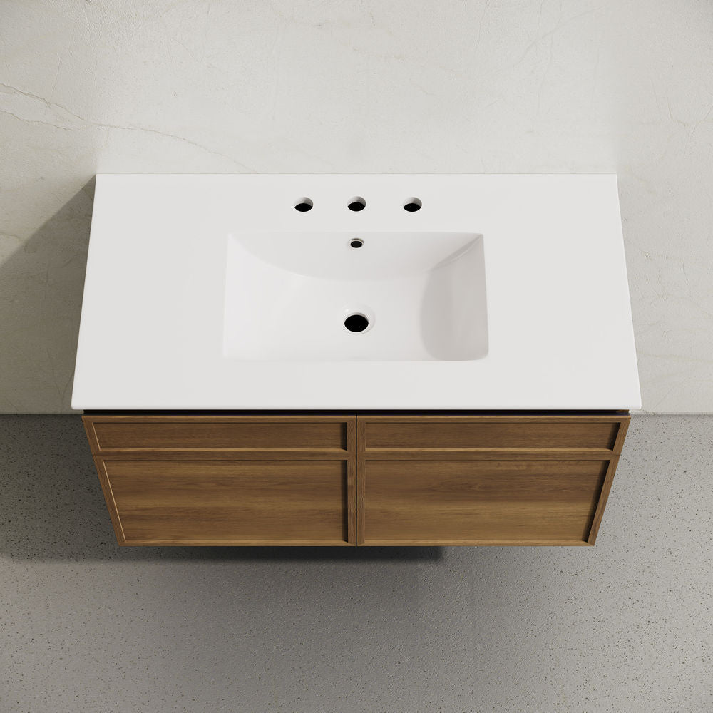 St. Tropez 36" Wall-Mounted Bathroom Vanity in Brown Oak with 3-Hole Widespread Sink Top