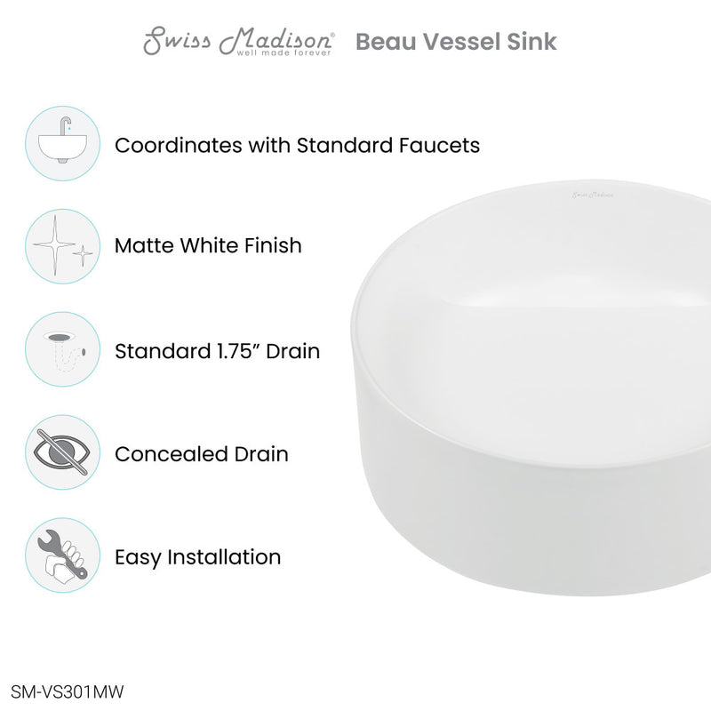 Beau 16.5" Round Vessel Bathroom Sink in Matte White