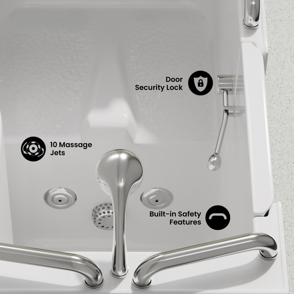 Auvergne 53" x 27" ADA Left Drain Walk-in Soaking Bathtub with Massage Jets in Glossy White, Faucet Set, Drain, Grab Bars, Pillow Included