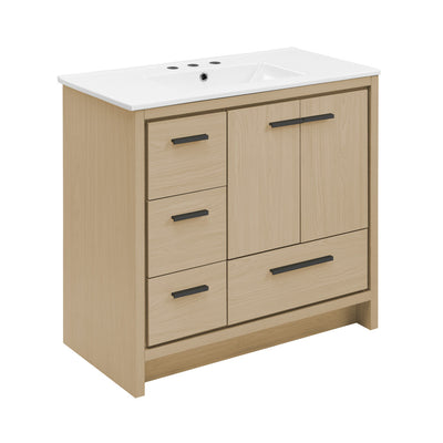 Virage 36 in. Brown Oak Bathroom Vanity With White, 3-Hole Ceramic Sink Top