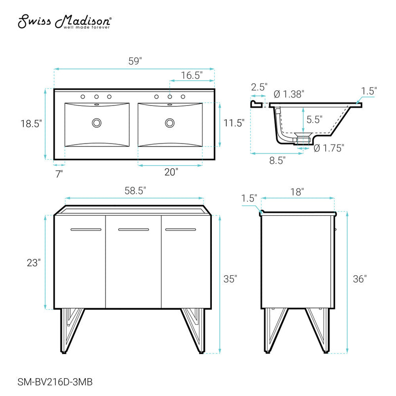 Annecy 60 in. White, Double Basin Bathroom Vanity With Black, 3-Hole Artificial Stone Sink Top