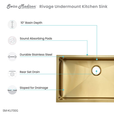 Rivage 30 x 18 Stainless Steel, Single Basin, Undermount Kitchen Sink, Gold