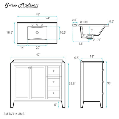 Cannes 48 in. White Bathroom Vanity With Black, 3-Hole Ceramic Sink Top