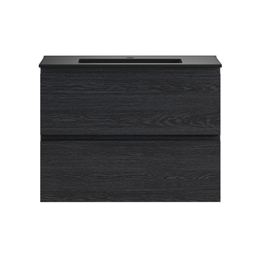 Liberte 30" Wall-Mounted Bathroom Vanity in Black Oak with Black Sink Top