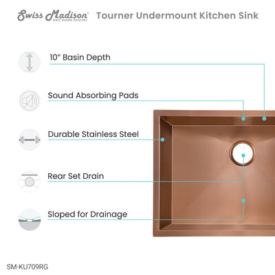 Tourner 27 x 19 Stainless Steel, Single Basin, Undermount Kitchen Sink in Rose Gold