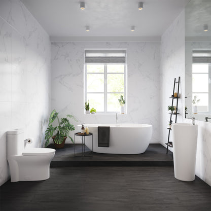 Elongated one-piece toilet with dual-flush, modern design, white ceramic, in a bright bathroom setting.