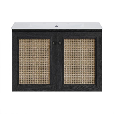 Classe 30" Wall-Mounted Bathroom Vanity in Black Oak with Widespread Faucet Holes Vanity Top