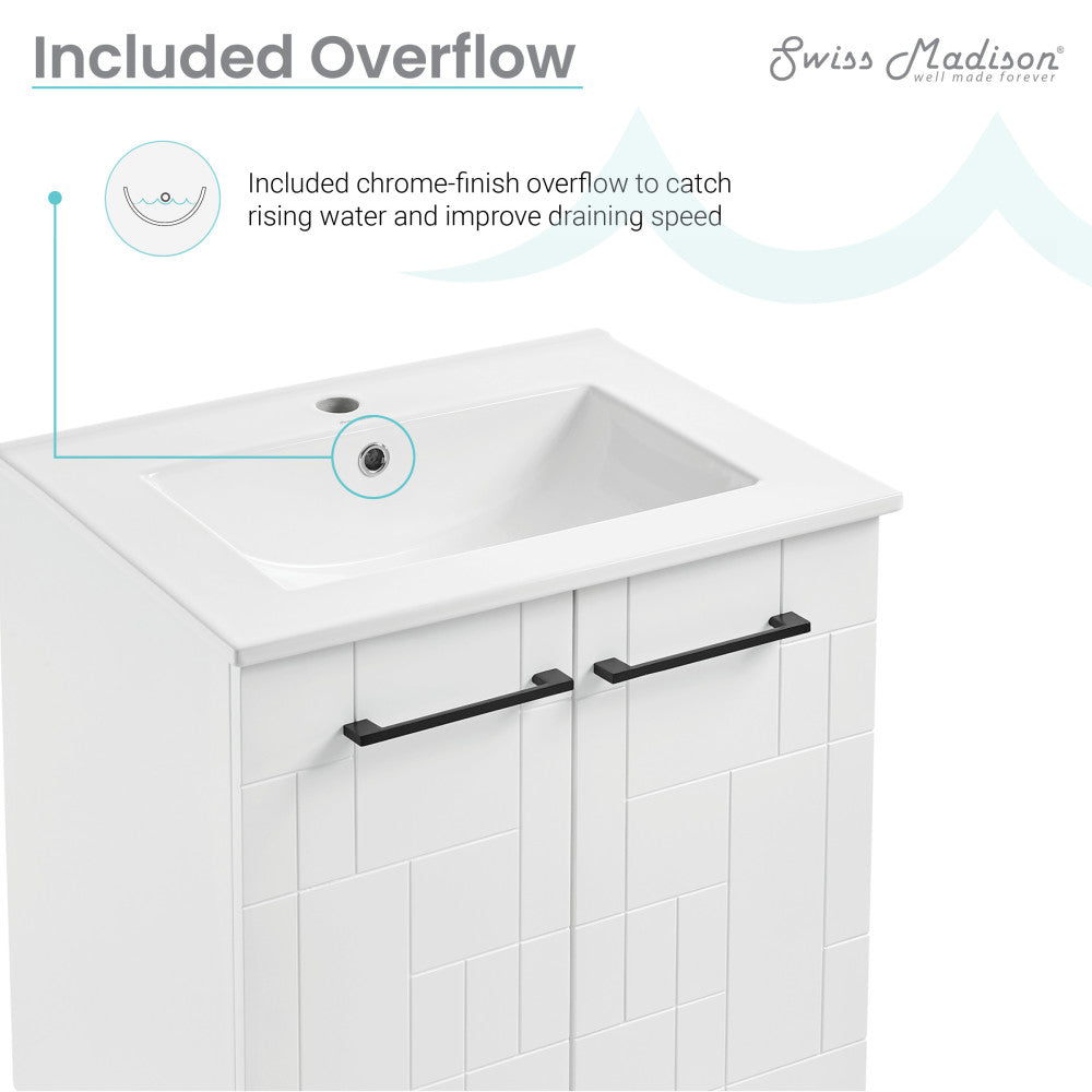 24-inch freestanding bathroom vanity in Mondrian White with single sink and black bar handles.