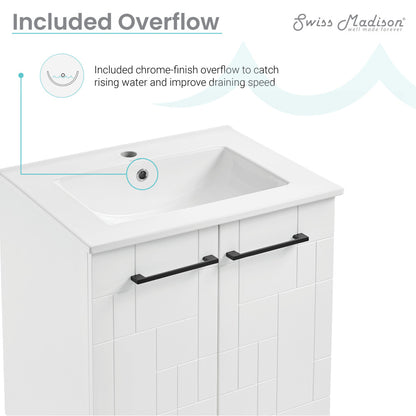 24-inch freestanding bathroom vanity in Mondrian White with single sink and black bar handles.