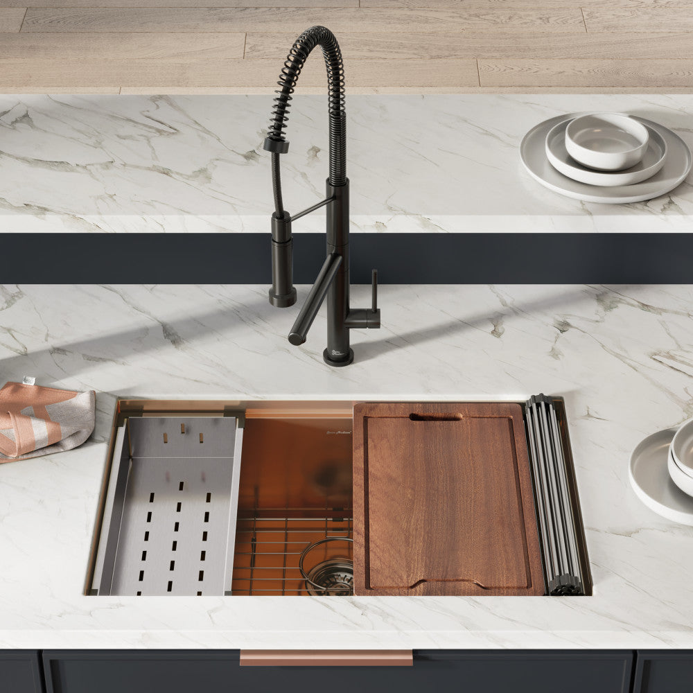 30 x 19 rose gold stainless steel undermount single basin kitchen workstation sink with accessories.