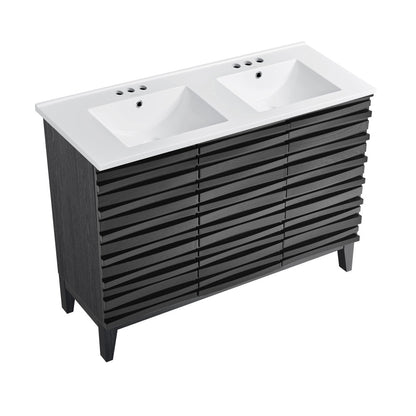 Cascade 48 in. Black Oak, Double Basin Bathroom Vanity With White, 3-Hole Centerset Ceramic Sink Top