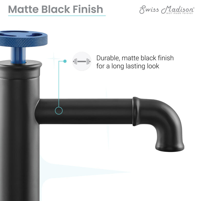 Avallon Single Hole, Single-Handle Wheel, Bathroom Faucet in Matte Black with Blue Handle
