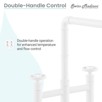 Widespread kitchen faucet in matte white with double-handle control and matching side sprayer.
