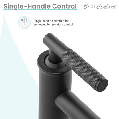 Single-handle bathroom faucet in matte black with textured lever handle and cylindrical base.