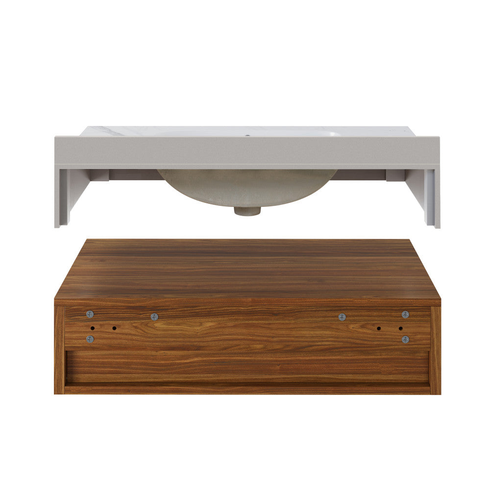 Avancer 36" Wall-Mounted Bathroom Vanity in Brown Oak with White Marble Sink Top