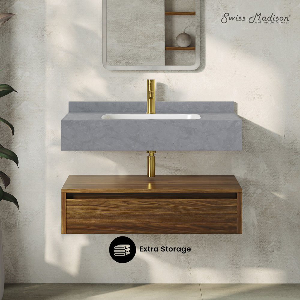 Avancer 36" Wall-Mounted Bathroom Vanity in Brown Oak with Charcoal Gray Sink Top