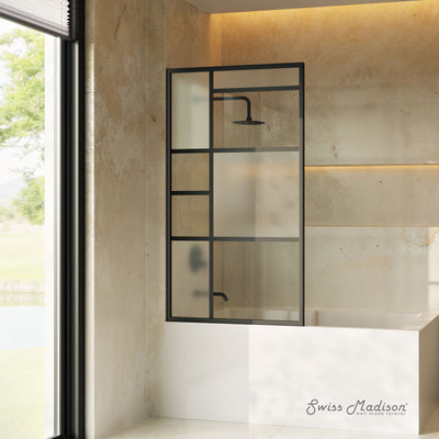 Leiden 34 x 58 Framed Fixed 3/8 in. (10mm) Frosted Tempered Glass Tub Door with Black Matte Frame