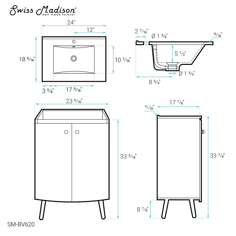 Manoir 24" Freestanding Bathroom Vanity in White with Sink Top