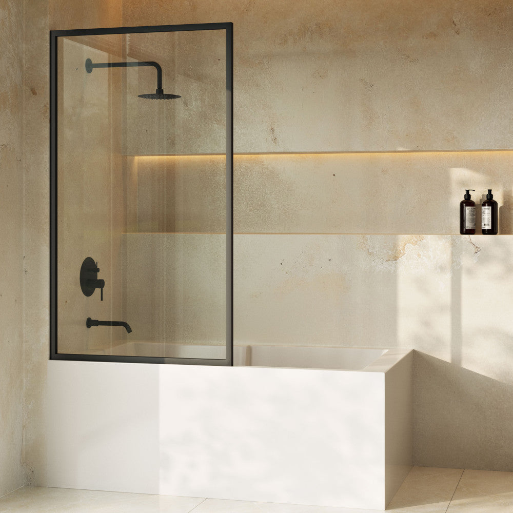 Pierre 34 x 58 Framed Fixed 3/8 in. (10mm) Clear Tempered Glass Tub Door with Black Matte Frame
