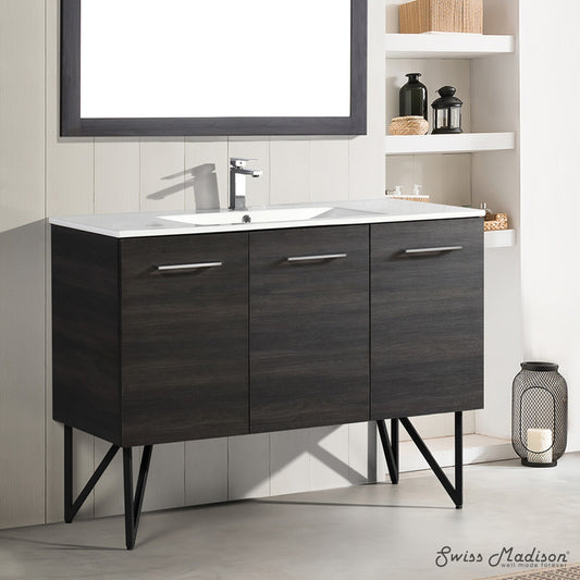 48-inch freestanding black walnut bathroom vanity with single sink and metal legs.