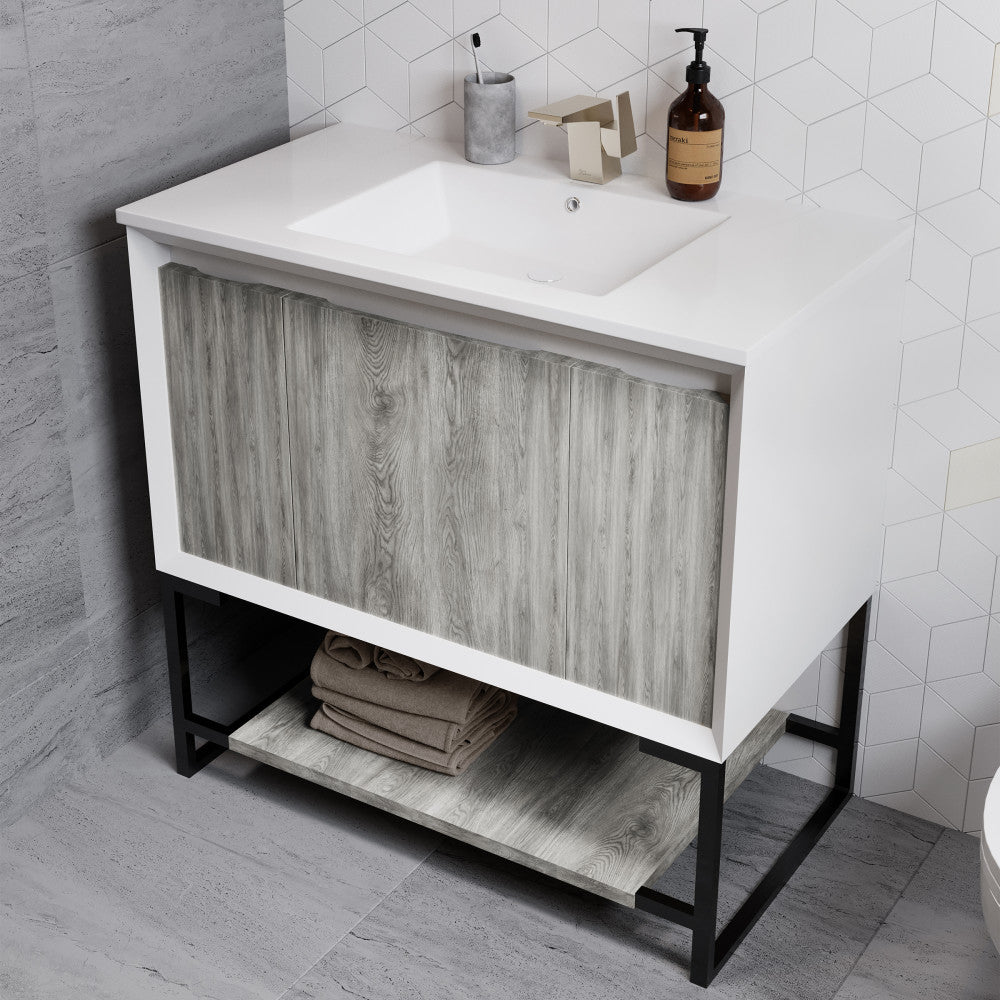 36-inch freestanding bathroom vanity in gray oak with sink top and open shelf base.
