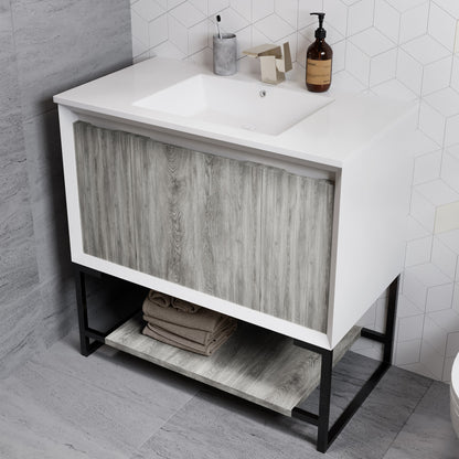 36-inch freestanding bathroom vanity in gray oak with sink top and open shelf base.
