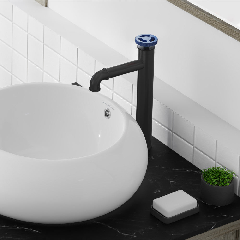 Single-handle high arc bathroom faucet in matte black with blue wheel handle.
