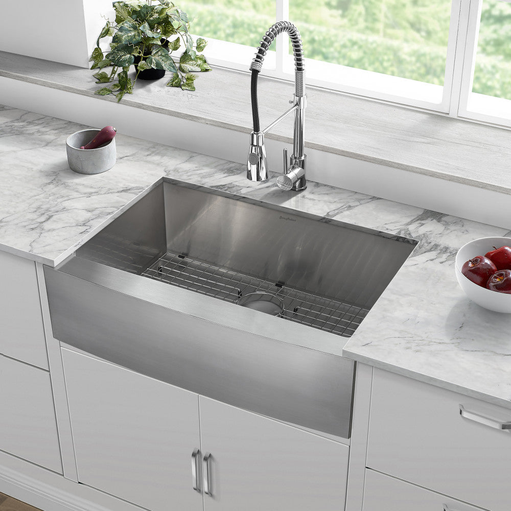 30x21 stainless steel farmhouse kitchen sink with single basin and apron front.
