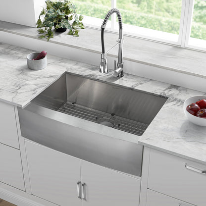 30x21 stainless steel farmhouse kitchen sink with single basin and apron front.