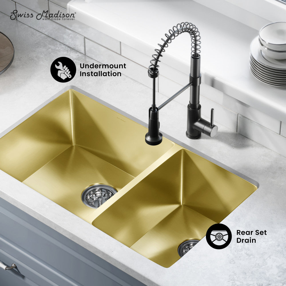 Rivage 33 x 20 Stainless Steel, Dual Basin, Undermount Kitchen Sink in Gold
