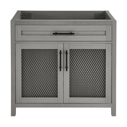 36-inch freestanding bathroom vanity in carbon gray, single sink, mesh front cabinet doors, black handles.