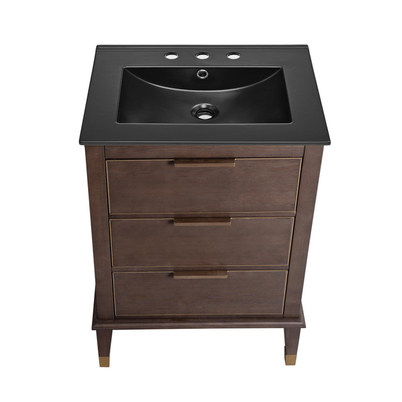 Hugo 24 in. Brown Oak Bathroom Vanity With Black, 3-Hole Ceramic Sink Top