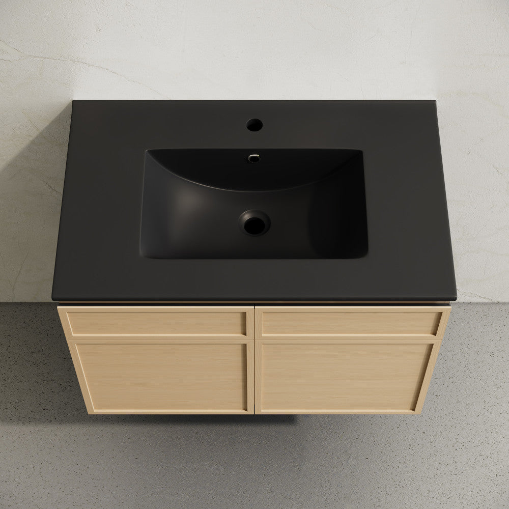 St. Tropez 30" Wall-Mounted Bathroom Vanity in Natural Oak with Black Sink Top