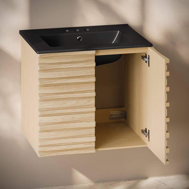 Cascade 24" Wall-Mounted Bathroom Vanity in Natural Oak with Black 3-Hole Centerset Sink Top