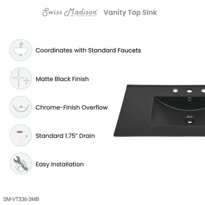 36" Ceramic Vanity Top with Three Faucet Holes in Matte Black