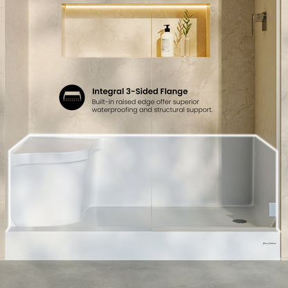 Aquatique 60" x 32" Single Threshold Shower Base With Right Hand Drain and Integral Left Hand Seat in White