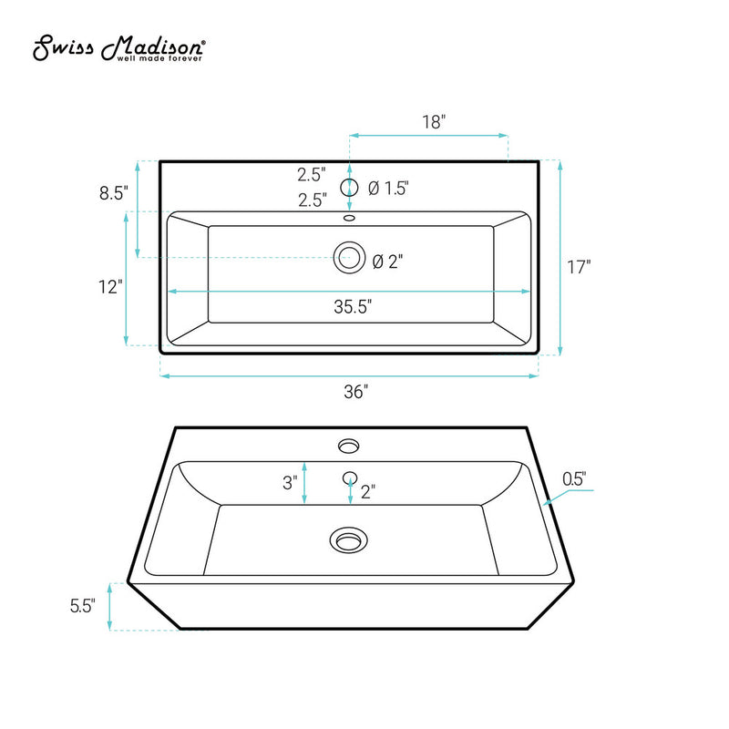 Carre 36"  Rectangle Wall-Mount Bathroom Sink in Matte Black