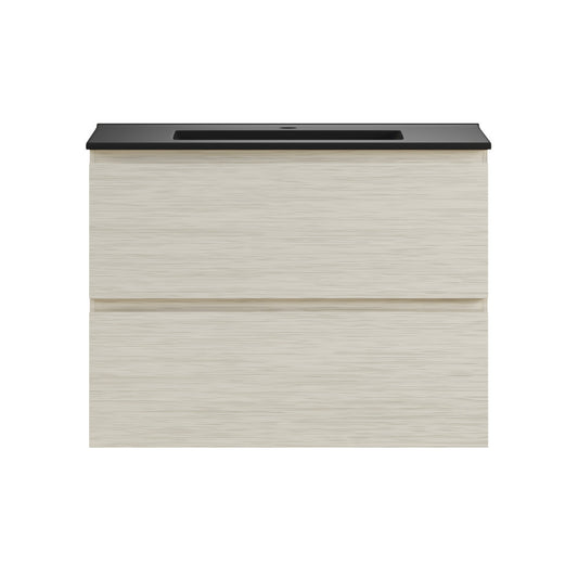 Liberte 30" Wall-Mounted Bathroom Vanity in White Oak with Black Sink Top