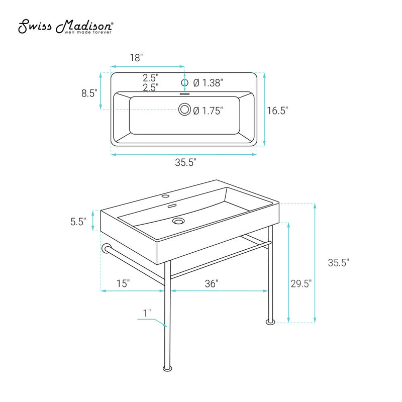 Carre 36 Ceramic Console Sink Matte Black Basin Chrome Legs