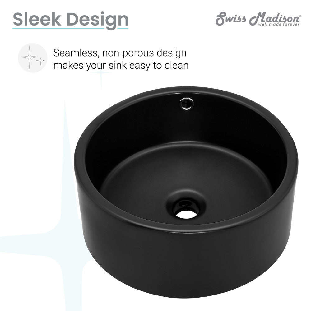 16.5” round vessel sink in matte black with seamless, non-porous design and center drain hole.