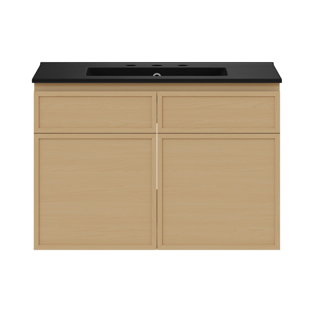 St. Tropez 30" Wall-Mounted Bathroom Vanity in Natural Oak with Black 3-Hole Widespread Sink Top