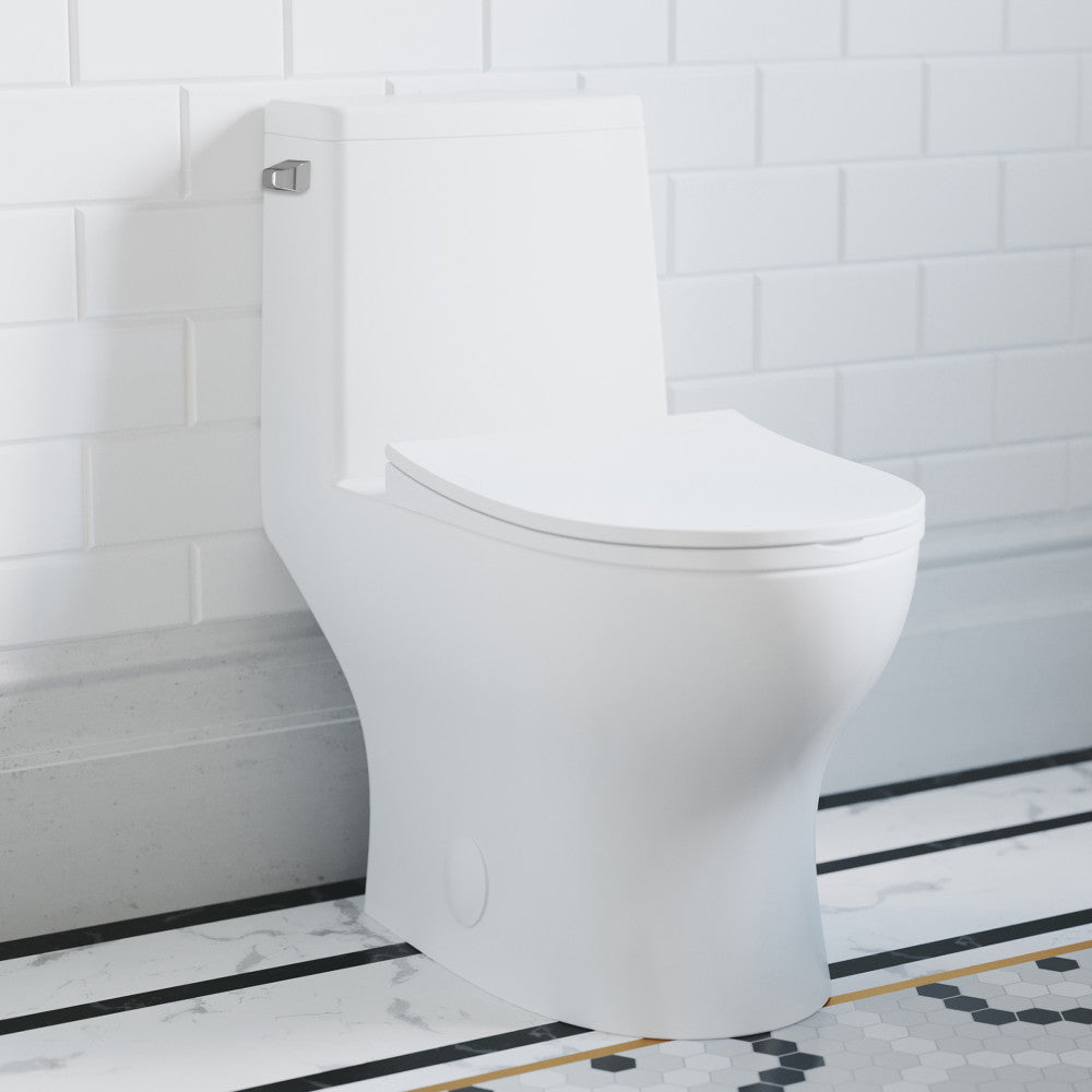 Elongated one-piece toilet with left side flush, sleek white finish, compact design.