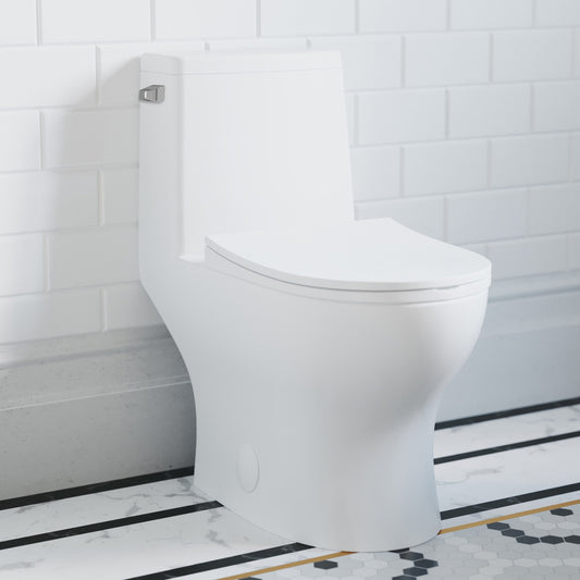 Elongated one-piece toilet with left side flush, sleek white finish, compact design.