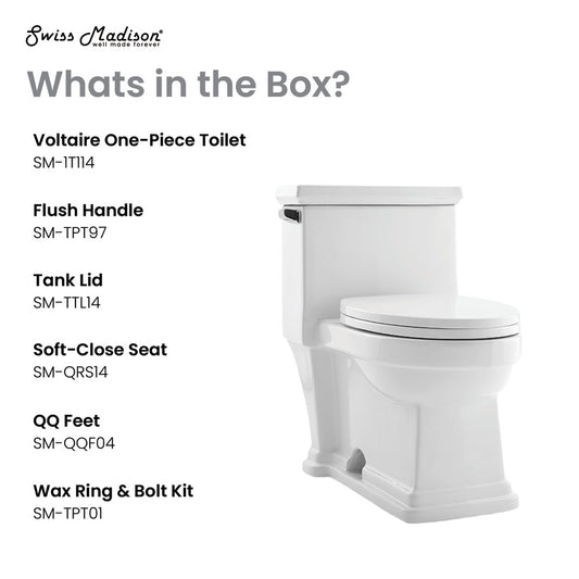 Elongated one-piece toilet with side flush handle and soft-close seat in white ceramic.