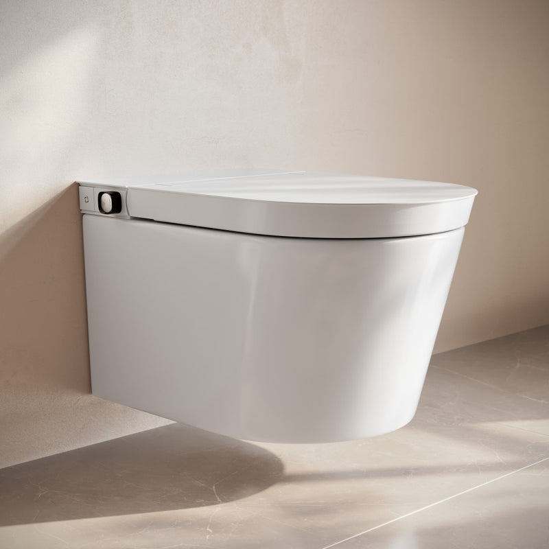 Hugo H Wall-Hung Toilet in Glossy White with Manual Bidet and Supporting Frame