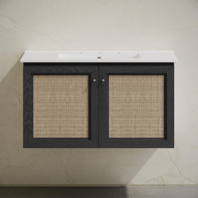 Classe 36" Wall-Mounted Bathroom Vanity in Black Oak with Widespread Faucet Holes Vanity Top