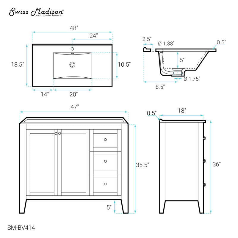 Cannes 48 Single, Two Doors, Three Drawers, Bathroom Vanity