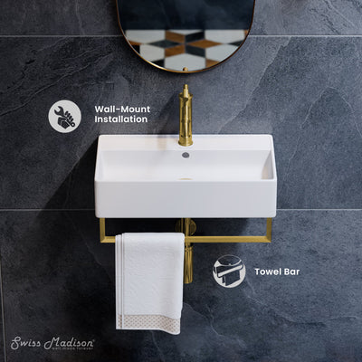 Claire 22" Wall-Mount Bathroom Sink with Brushed Gold Towel Bar