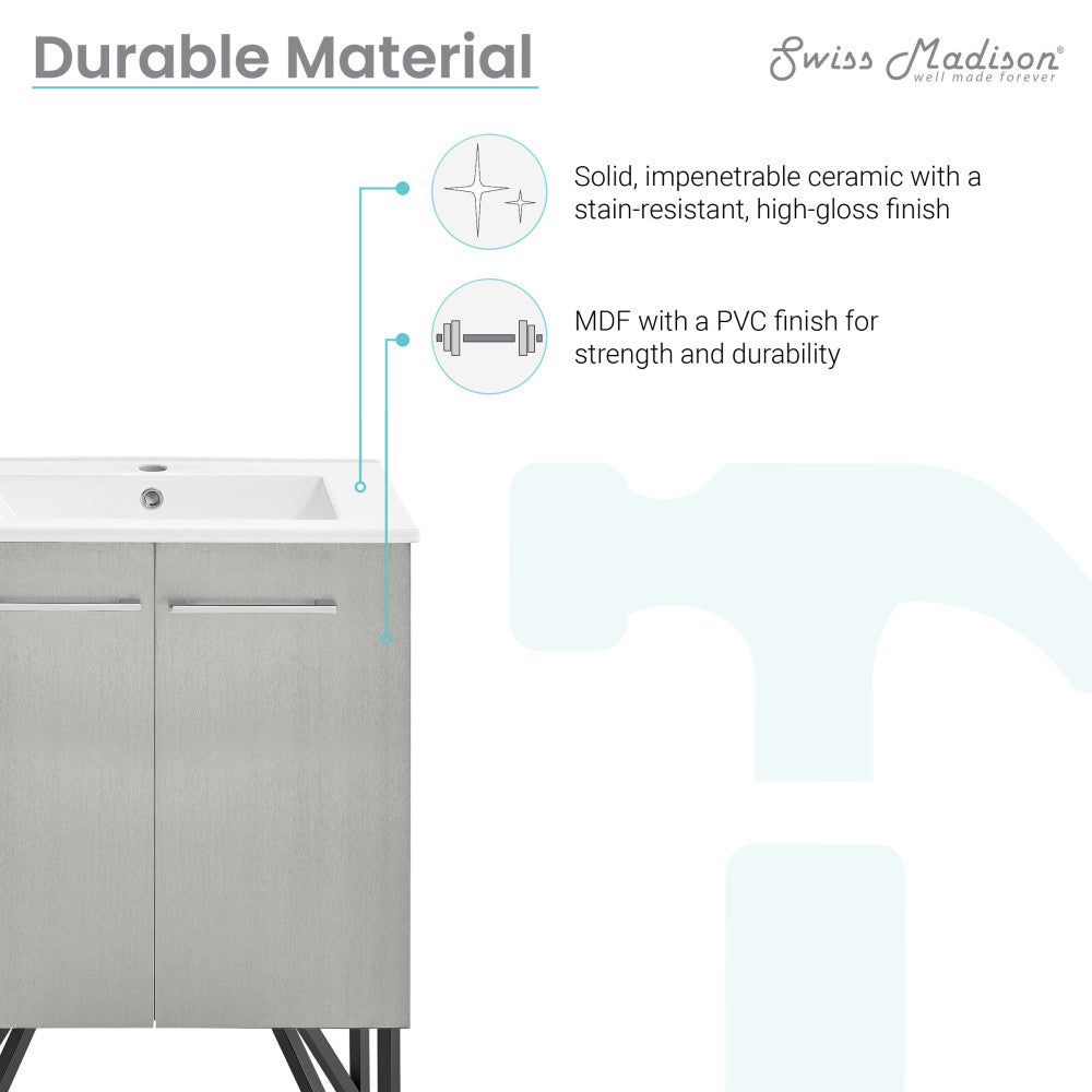 24-inch freestanding bathroom vanity in gray with single sink and soft-close doors.