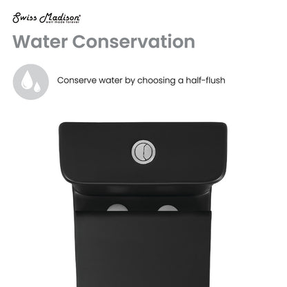 Elongated one-piece matte black toilet with dual flush button and 10" rough-in design.